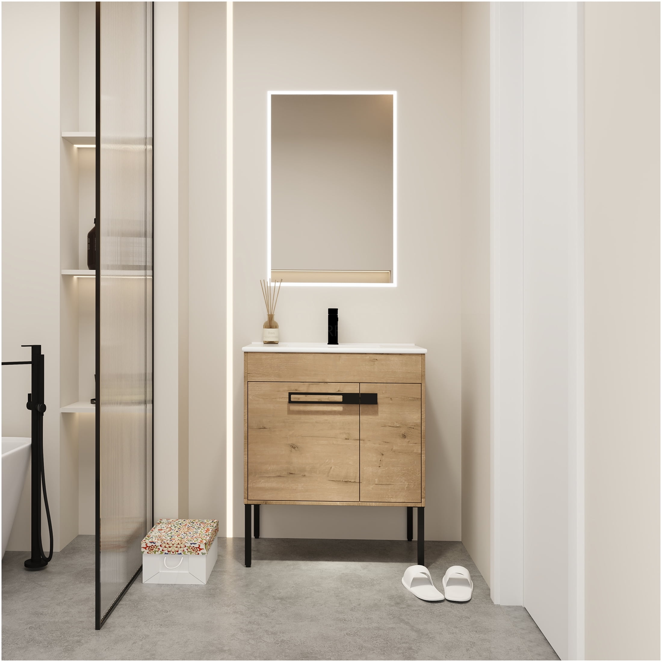 JERFIT 30 Inch Bathroom Vanity with Ceramic Sink, Freestanding or Wall-Mounted Modern Cabinet with Soft Close Doors, Adjustable Shelf, Imitative Oak Finish