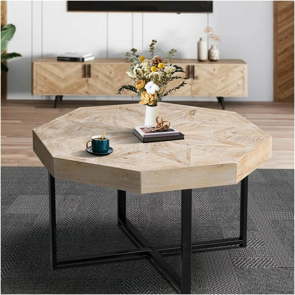 JERFIT 30 Inch Farmhouse Coffee Table with Cross Metal Legs, Octagon MDF Tabletop in Vintage Patchwork Design for Living Room, Antique White & Natural Oak Finish