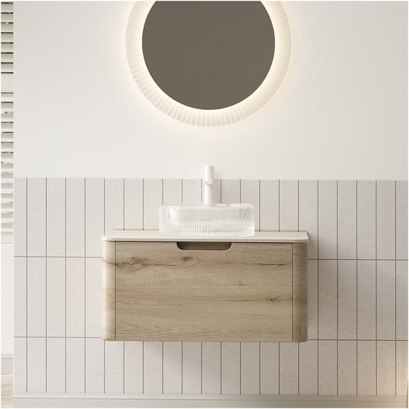 JERFIT 30 Inch Floating Bathroom Vanity Set with Sink, Pre-Assembled Modern White Oak Cabinet, Glass Vessel Basin & Travertine Pattern Stone Top