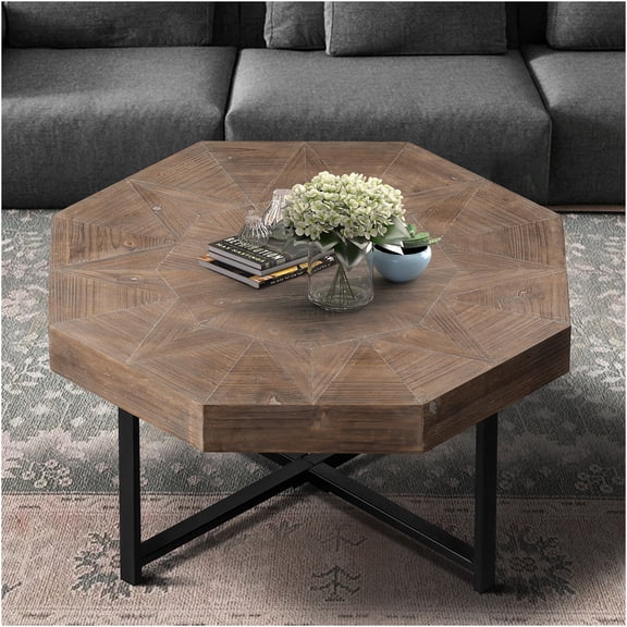 JERFIT 30 Inch Vintage Octagon Coffee Table with Cross Metal Legs, Farmhouse Wood Look MDF Top for Living Room, Antique Brown Finish