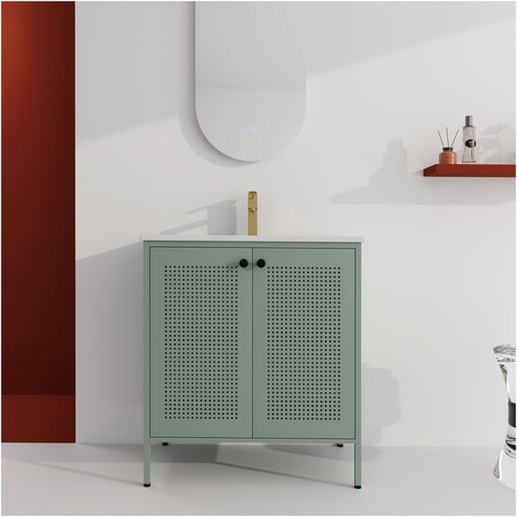 JERFIT 30" Mint Green Freestanding Bathroom Vanity with Ceramic Sink, Modern Steel Storage Cabinet with Adjustable Shelf