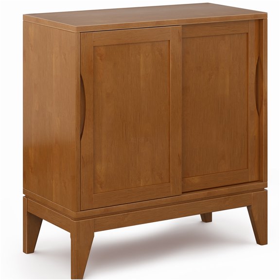 JERFIT 30" Wide Mid-Century Modern TV Stand with Sliding Doors, Solid Wood Low Profile Media Console for Living Room, Light Brown