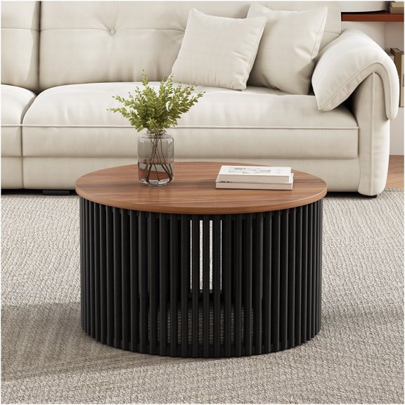 JERFIT 30 inch Acacia Wood Round Coffee Table for Living Room, Natural Blue Modern End Table with Minimalist Design