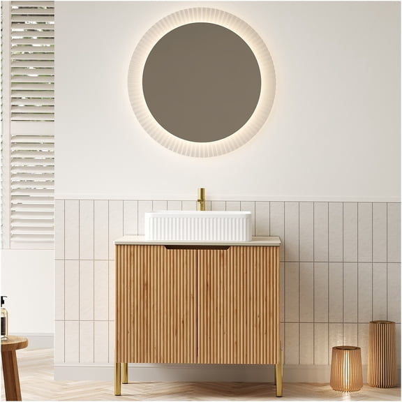 JERFIT 30 inch Bathroom Vanity with Ceramic Sink, Freestanding Storage Cabinet with Soft Close Doors, Travertine Pattern Stone Countertop for Modern Bathroom, Natural Wood & White