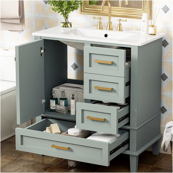 JERFIT 30 inch Bathroom Vanity with Sink, Sage Green Modern Freestanding Storage Cabinet with Soft Close Door & 3 Drawers, Solid Wood Frame
