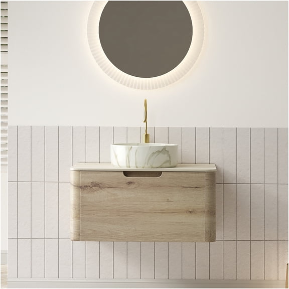 JERFIT 30 inch Floating Bathroom Vanity Set with Vessel Sink, Soft Close Drawer, White Oak Wood Grain Storage Cabinet & Roma Travertine Sintered Stone Top