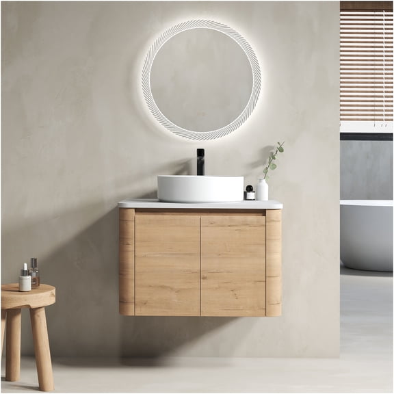 JERFIT 30 inch Floating Bathroom Vanity with Vessel Sink, Modern Wall Mount Cabinet with Soft Close Doors, Imitative Oak Finish