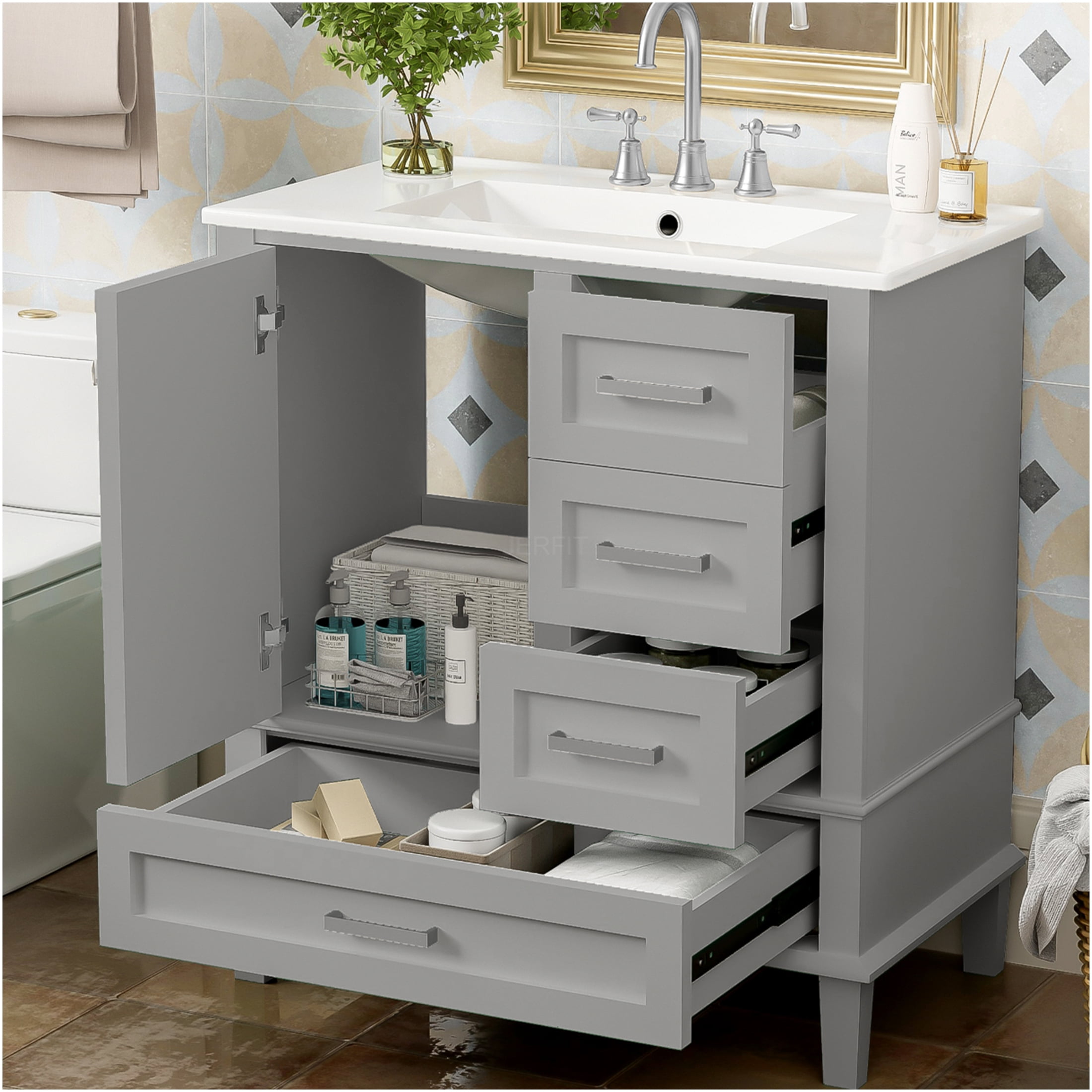 JERFIT 30 inch Grey Bathroom Vanity with Sink, Modern Freestanding ...