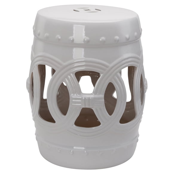 JERFIT 300lb Capacity Porcelain Garden Stool, 14x17 Inch Outdoor Indoor Side Table with Glazed Finish, Double-Coin Knot Design Accent Stool for Patio Deck Living Room, White