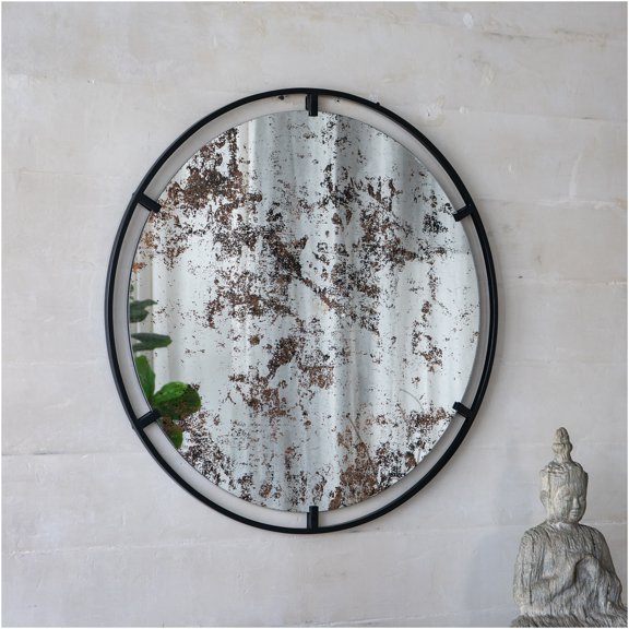 JERFIT 31.5 Inch Industrial Round Wall Mirror with Black Metal Frame, Antique Leaner Mirror for Entryway & Home Decor