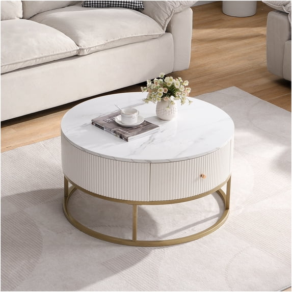 JERFIT 31.5 Inch Round Coffee Table with Drawers, White Faux Marble Top, Storage End Table with Sturdy Iron Frame for Living Room, Bedroom