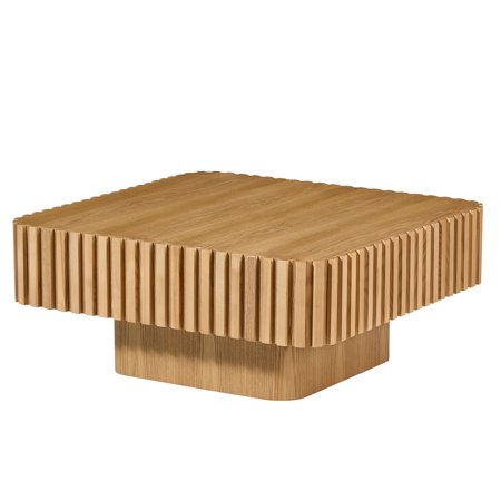 JERFIT 31.5 Inch Square Drum Coffee Table, Modern Wooden Cocktail Table for Living Room with Sturdy Pedestal Base, Natural Finish