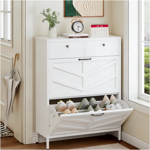 JERFIT 31.5" Slim White Metal Shoe Cabinet with 4 Storage Drawers, Freestanding Entryway Organizer with Anti-Tip Safety Device for Hallway, Apartment