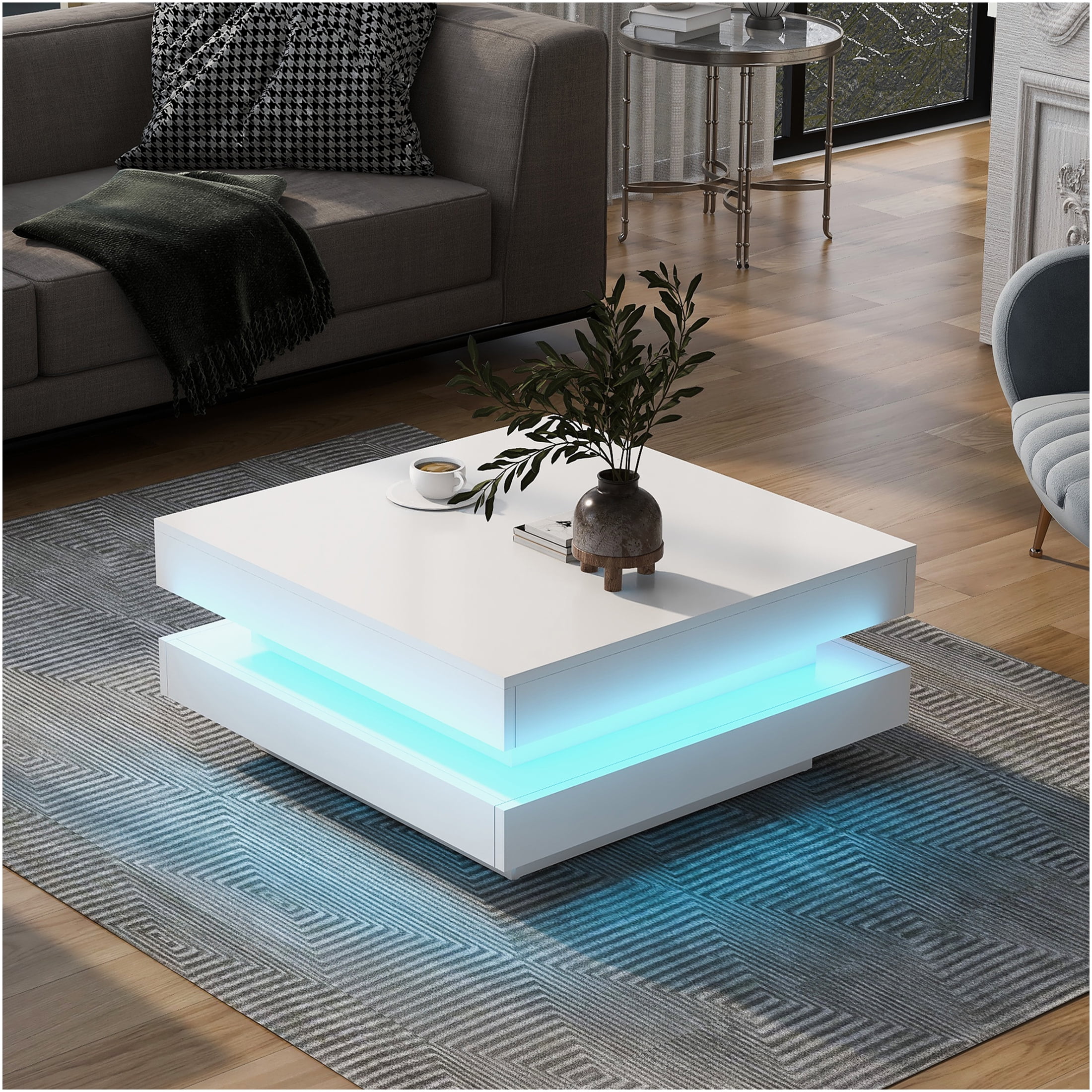 JERFIT 31.5 inch Modern LED Coffee Table with Lights, 2-Tier Square Center Table with High Gloss Waterproof Top, Sturdy Particle Board Design for Living Room, White