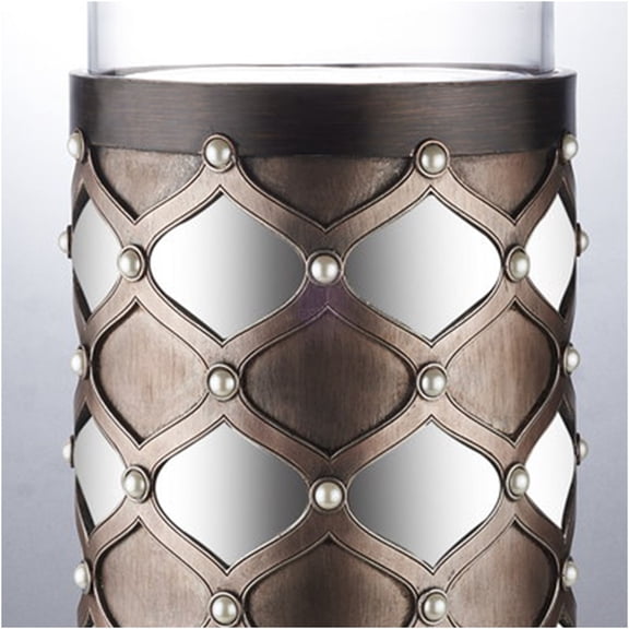 JERFIT 31 Inch Modern Candle Holder with Glass Hurricane, Arabesque Mirror and Pearl Accents, Espresso Brown Polyresin Base for Home Decor