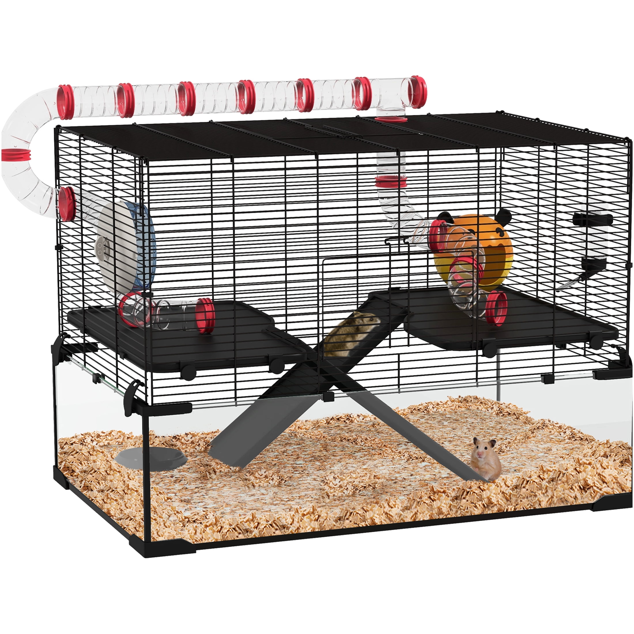 JERFIT 31" Large Hamster Cage with Tubes, Deep Base Glass Tank Habitat with Wheel, Water Bottle, Food Dish for Dwarf Hamster, Gerbil, Mouse or Rat