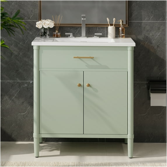 JERFIT 31-inch Green Bathroom Vanity with Ceramic Sink, Soft-Close Cabinet, Adjustable Shelf, and Curved Design for Modern or Farmhouse Bathrooms