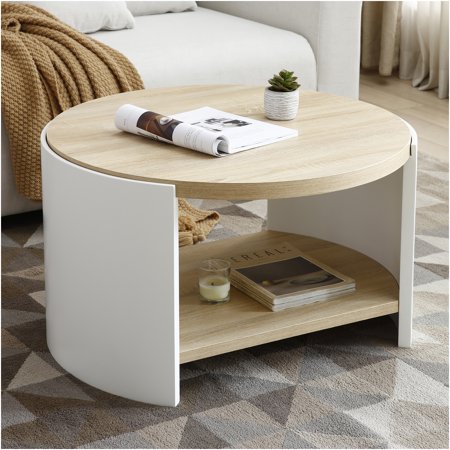 JERFIT 31 inch Round Coffee Table with Storage Shelf, Modern 2-Tier Sofa Table for Living Room, Rustic Wood Grain Design, White and Natural Finish