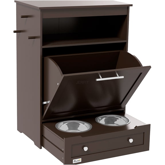 JERFIT 32.25" Pet Food Storage Cabinet Organizer with Pull-Out Feeder Bowls, 3 Hooks, Shelf for Dog Cat Supplies, Brown MDF End Table