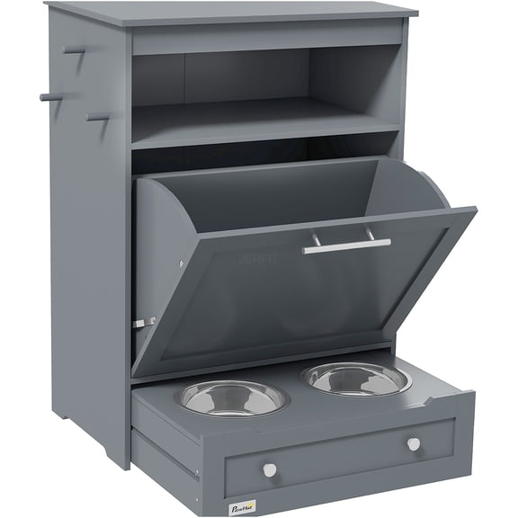 JERFIT 32.25" Pet Food Storage Cabinet with Pull-Out Feeder, Side Hooks, Organizer Station for Dog Bowls & Supplies, Gray MDF End Table