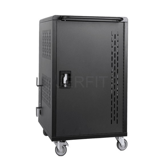 JERFIT 32 Device Mobile Charging Cart for Laptops, Chromebooks & Tablets with Power Strip, Locking Doors, Wheels - Black Steel