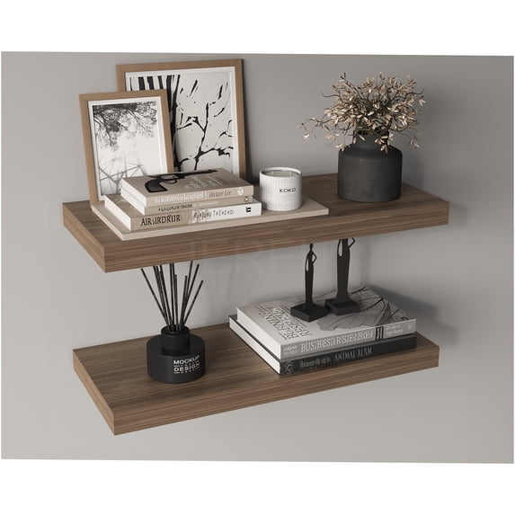 JERFIT 32 Inch Dark Brown Floating Shelves Set of 2, Wall Mounted Bookshelves for Living Room, Bedroom & Bathroom, Particle Board Storage Shelves for Home Decor
