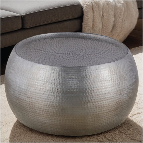 JERFIT 32 Inch Round Coffee Table, Hand Hammered Metal Drum Cocktail Table, Antique Silver Finish, No Assembly Required Modern Farmhouse Centerpiece for Living Room