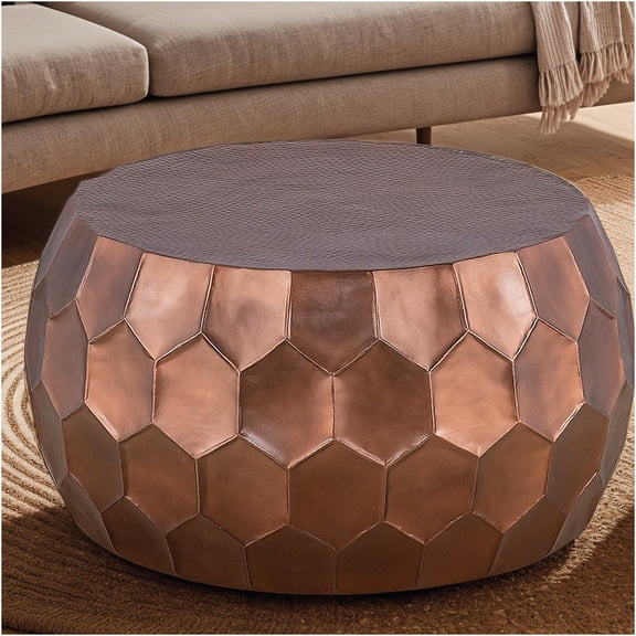 JERFIT 32 Inch Round Coffee Table, Modern Farmhouse Drum End Table with Hexagon Pattern Base in Antique Copper Finish
