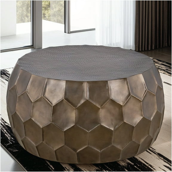 JERFIT 32 Inch Round Gold Coffee Table, Modern Farmhouse Aluminum Center Table with Glossy Diamond Base for Living Room