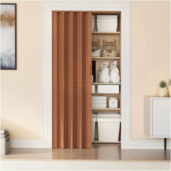 JERFIT 32 Inch Walnut PVC Foldable Accordion Interior Door for Standard Home and Office Door Openings