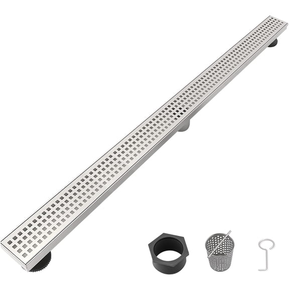 JERFIT 32" Linear Shower Drain, Brushed Nickel Stainless Steel Channel Drain with Removable Quadrato Grate, Hair Strainer & Adjustable Feet