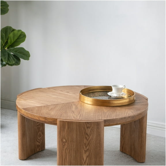 JERFIT 32 inch Round Coffee Table for Living Room, Brown Ash Veneer Finish, Modern Farmhouse Center Table with Curved Sculptural Legs