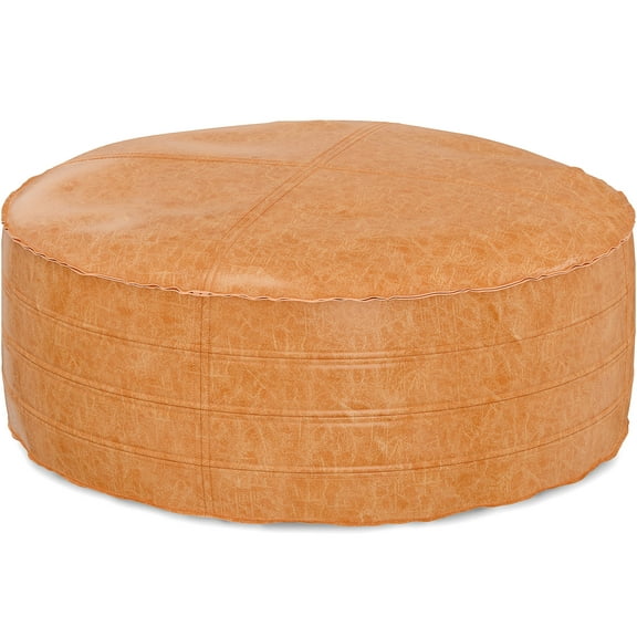 JERFIT 32 inch Round Faux Leather Ottoman Coffee Table with Storage, Light Brown Distressed Finish, Multipurpose Footstool Pouf