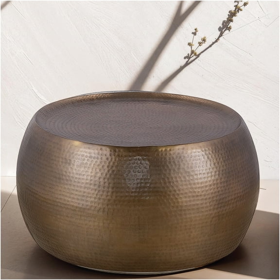 JERFIT 32 Inch Round Hammered Metal Coffee Table, Antique Gold Drum End Table, No Assembly Required Farmhouse Modern Center Table for Living Room