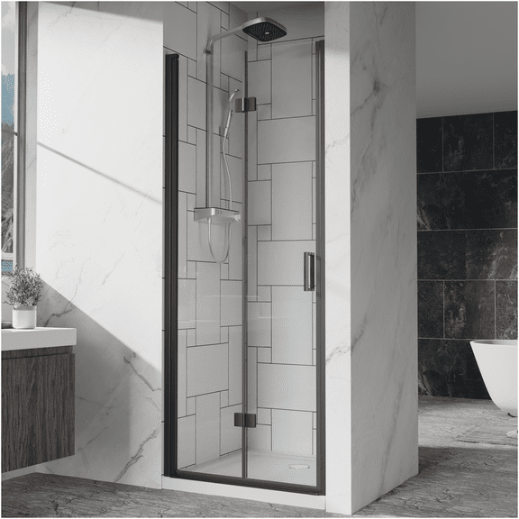 JERFIT 32x72 Inch Black Bifold Shower Door, 180 Degree Pivot Swing Tempered Glass Enclosure with Anti-Leak Seal, Reversible for Bathroom