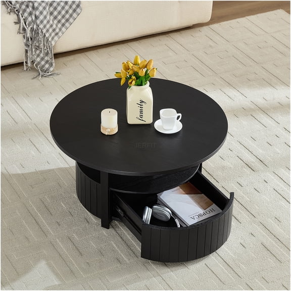 JERFIT 33 Inch Round Coffee Table with Storage Drawer, Black Wood End Table for Small Space, Modern Lift Top Cocktail Ottoman for Living Room