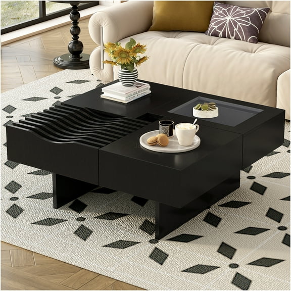 JERFIT 33 inch Modern Square Coffee Table with 3 Drawers, Tempered Glass Top & Solid Wood Legs, Mid-Century Design for Living Room