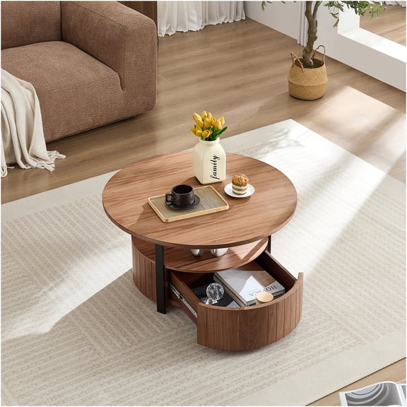 JERFIT 33 inch Round Coffee Table with Drawer, Walnut Finish Wood Look MDF End Table for Small Space Living Room, Rustic Modern Center Table with Storage