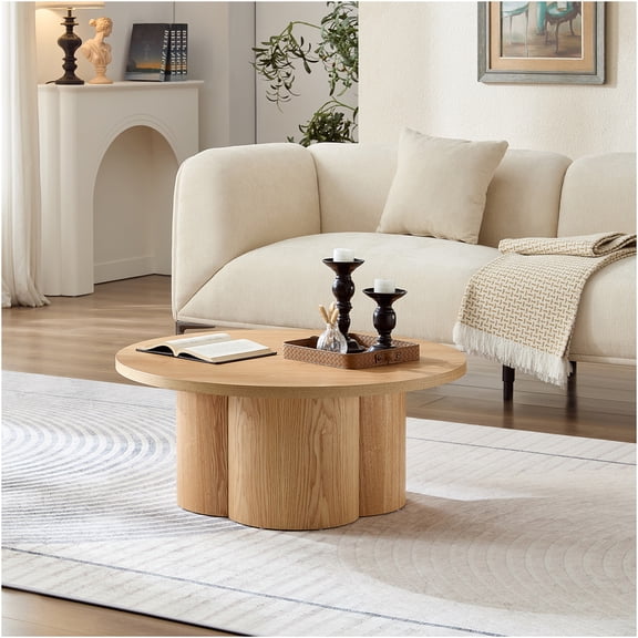 JERFIT 33 inch Round Coffee Table for Living Room, Natural Wood Grain Top, Modern End Table for Small Spaces, Bedroom & Office