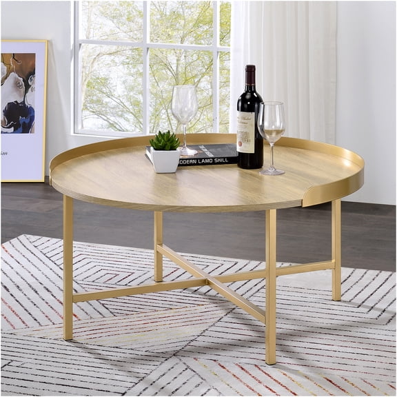 JERFIT 34.5 inch Round Coffee Table with Tray Top, Oak Wood Top & Gold Metal Base for Living Room, Modern Accent Table