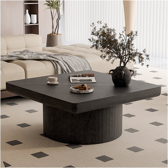JERFIT 34.6 Inch Modern Square Coffee Table with Parquet Wood Top & Cylindrical Base for Living Room, Black