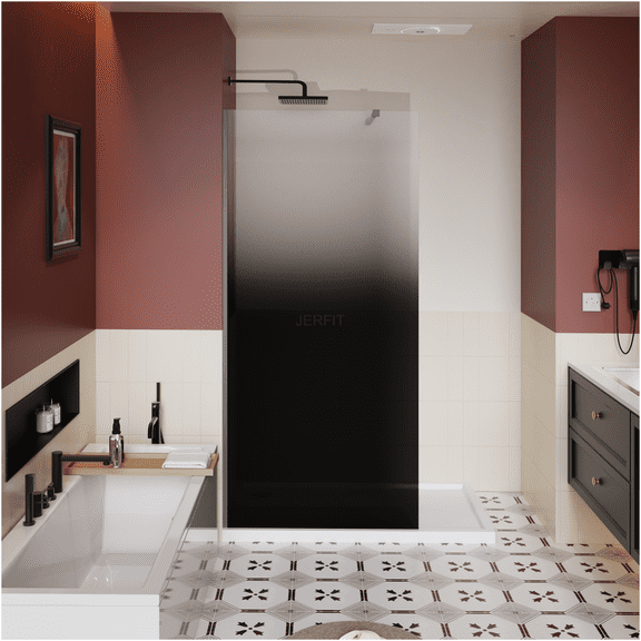 JERFIT 34 Inch Fixed Shower Door, 72" H Black Gradient Tempered Glass with Support Rod, Matt Black Stainless Steel for Walk-in Shower Enclosure