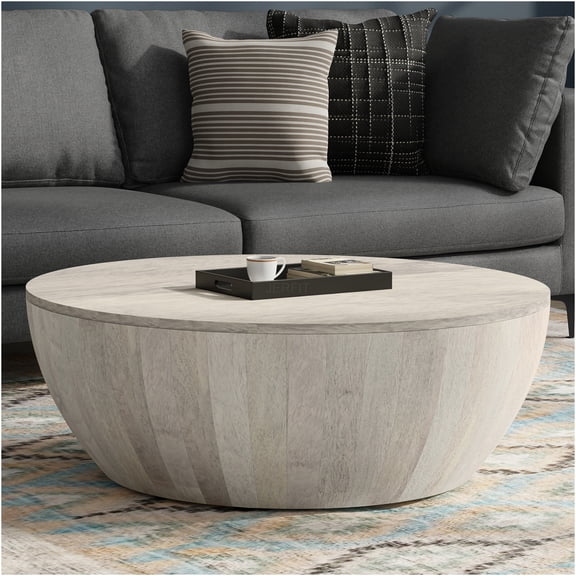 JERFIT 34 Inch Round Coffee Table for Living Room, White Wash Solid Mango Wood Drum End Table, Industrial Farmhouse Accent Table with Low VOC Finish
