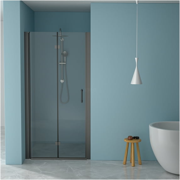 JERFIT 34 inch Frameless Bi-Fold Shower Door, 72H Tempered Glass, Matte Black, Space Saving Design for Small Bathrooms, Adjustable