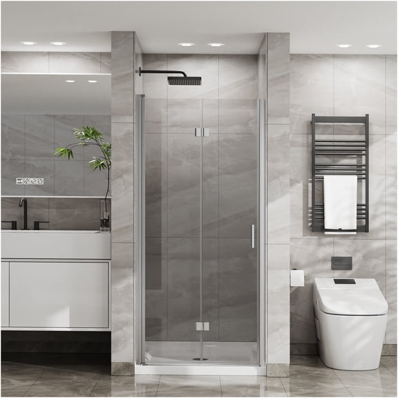 JERFIT 34x72 Inch Bifold Shower Door with 180 Pivot Swing, Frameless Tempered Glass Panel in Chrome Finish for Small Bathroom Space Saving