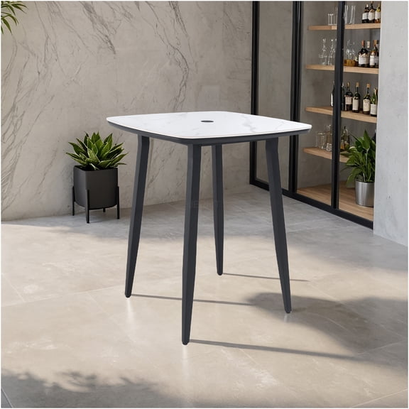 JERFIT 35.4 Inch Outdoor Bar Table with Umbrella Hole, Modern Square Bistro Table with White Marble Stone Top & Rust-Free Aluminum Frame for Patio, Garden, Poolside