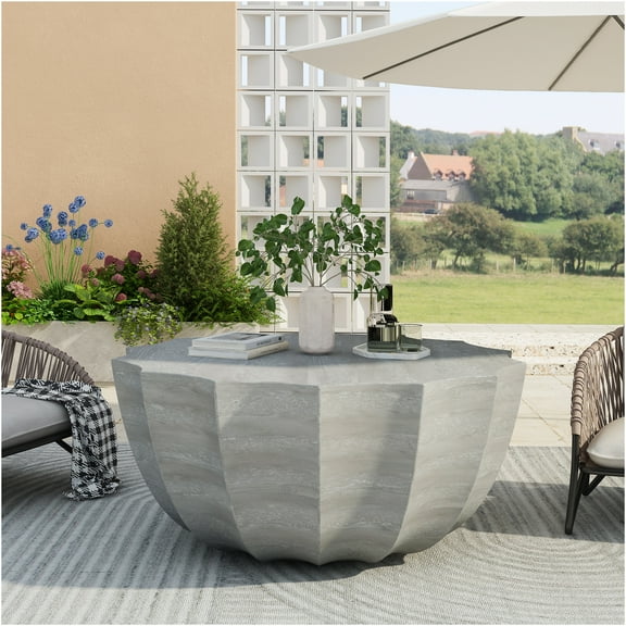 JERFIT 35.4 Inch Outdoor Indoor Round Coffee Table, Weatherproof Cement Top, Modern Patio Garden Poolside Living Room Side Table, Marble White Finish