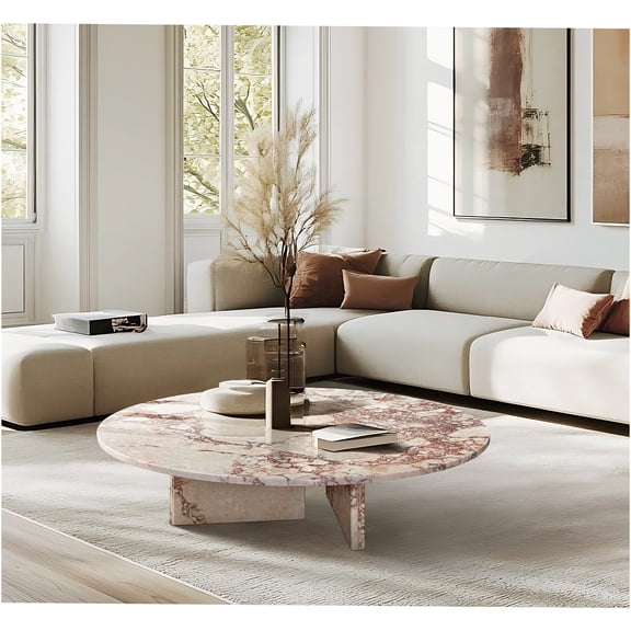 JERFIT 35.4 Inch Round Pink Marble Coffee Table for Living Room, Metal Base Accent Table, Natural Stone Top Center Table, Luxury Designer Furniture