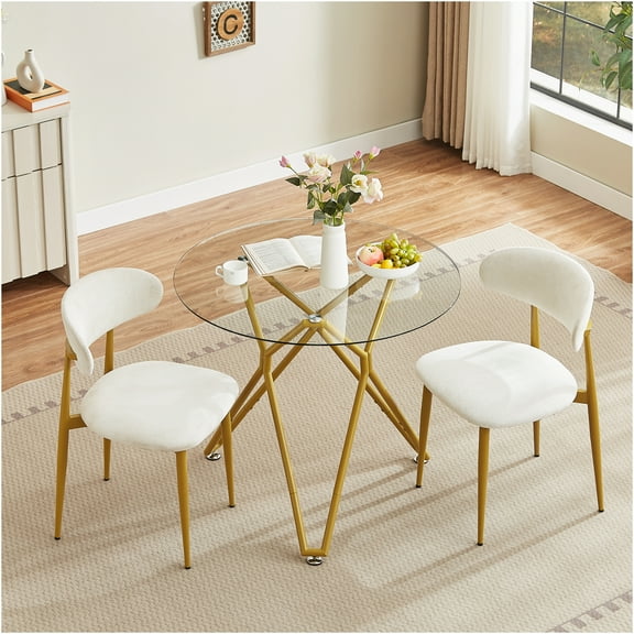 JERFIT 35.4" Round Gold Glass Top Dining Table for Small Space, 1-4 Seater Modern Kitchen Breakfast Table with Sturdy Metal Base