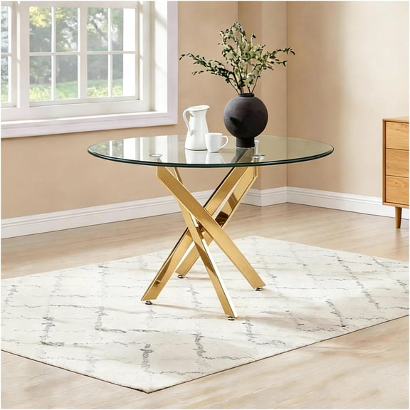 JERFIT 35.4" Round Tempered Glass Dining Table with Golden Metal Frame - Modern Kitchen Table for Small Space, Office, Living Room, Cafe